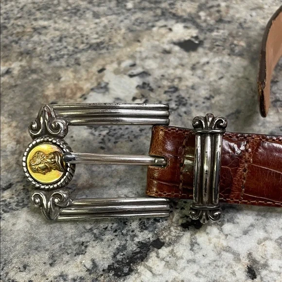 Brown Leather Belt with Silver and Gold Accents - Picture 2 of 9